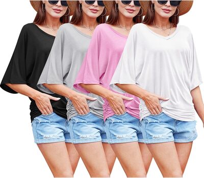 4 Stück Dolman-Tops für Damen, kurzärmelig, lässig, elegant, V-Ausschnitt, solide Dolman-Ärmel, Sommer-Shirts, 4 Farben bei Amazon bestellen