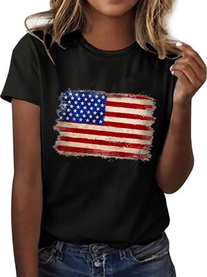 CGGMVCG Damen-T-Shirt zum 4. Juli, kurzärmelig, Rundhalsausschnitt, Sternstreifen, bedruckt, patriotische Kleidung, lässiges T-Shirt bei Amazon bestellen