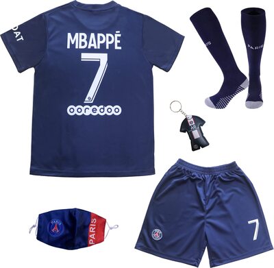 Alle Details zum Fußball-Trikot DMDMK Paris Mbappe #7 2022/2023 Heim Trikot Shorts und Socken Kinder und Jugend Größe und ähnlichen Trikots