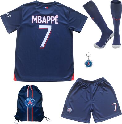 Alle Details zum Fußball-Trikot DMDMK Paris Mbappe #7 2023/2024 Heim Trikot Shorts und Socken Kinder und Jugend Größe und ähnlichen Trikots