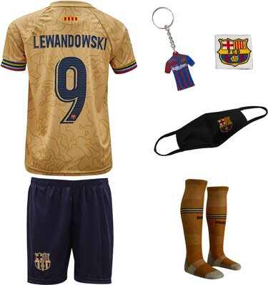 Alle Details zum Fußball-Trikot emrblack Barcelona Auswarts Robert Lewandowski Kinder Trikot #9, 2022/2023 Saison, Kommt mit Shorts, Socken, Gesichtsmaske, Armband Fußballfans (4-13 Jahre) und ähnlichen Trikots