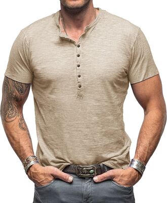 Henley Shirt Men's Short Sleeve T-Shirts for Men V Neck Vintage Slim Fit Short Sleeve Button T-Shirt M-3XL bei Amazon bestellen