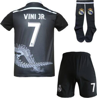 Alle Details zum Fußball-Trikot HUSSATEX R. Madrid Vini Jr. #7 Vinicius Spezielle Drachen Edition Fußball Kinder Trikot Shorts Socken Set Jugendgrößen und ähnlichen Trikots