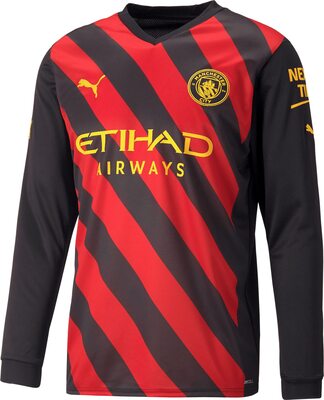 Alle Details zum Fußball-Trikot Manchester City Auswärtstrikot Langarm 2022/23 Season - Replica - Herren - Schwarz/Rot - Größe: M und ähnlichen Trikots