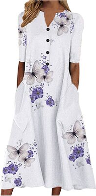 MICKURY Sommer Kleider Damen, Damen Schmetterling Gedruckt Kurzarm Midi Langes Kleid Lässig V Hals Knopf Tasche Langes Strandkleid bei Amazon bestellen