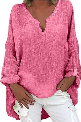 MICKURY Sommer Tops FüR Frauen 2022 Plus Size Frauen Casual Langarm Solide Lose V Ausschnitt-Shirt Bluse Top bei Amazon bestellen