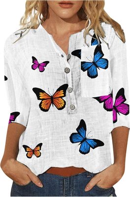 Alle Details zum Fußball-Trikot MICKURY T-Shirts FüR Damen,Sommer Tops FüR Frauen Kurzarm GemüTlich Mode LäSsig Vintage Bedruckt T Shirt Knopfausschnitt T Shirts Damen Blusen und ähnlichen Trikots