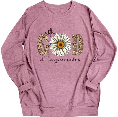 OUNAR With God All Things are Possible T-Shirt Glaube Sprüche Gänseblümchen Blume Leopard Print Langarm T-Shirt Tasche Sweatshirt bei Amazon bestellen
