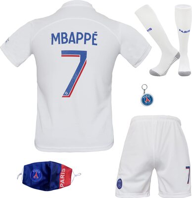 Alle Details zum Fußball-Trikot Paris Mbappe #7 2022/2023 Auswärts Trikot Shorts und Socken Kinder und Jugend Größe und ähnlichen Trikots