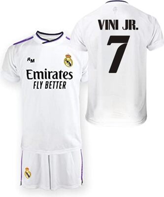 Alle Details zum Fußball-Trikot Real Madrid Vinicius 7 T-Shirt und Hose - Erste Mannschaft Saison 2022/2023 - Junior - Offizielle lizenzierte Replik und ähnlichen Trikots