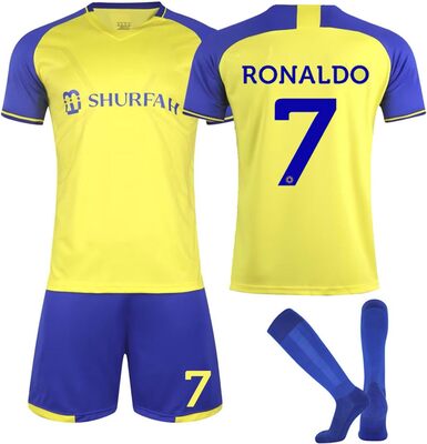 Alle Details zum Fußball-Trikot Ronaldo Fußball Trikot Für Kinder,2023/24 Al NASSR FC Trikot Heim/Auswärtstrikot,No.7 Fußballtrikots Fussball T-Shirt Shorts und Socken Set,Outdoor Football Jersey für Junge Herren Anzug und ähnlichen Trikots