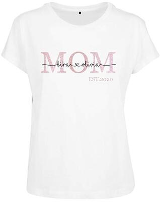 T-Shirt Mama Est mit Namen personalisiert | Mom Shirt mit Datum und Kindername & Herzschrift | mehrfarbiger Druck mit glänzend Gold rosé Silber bei Amazon bestellen